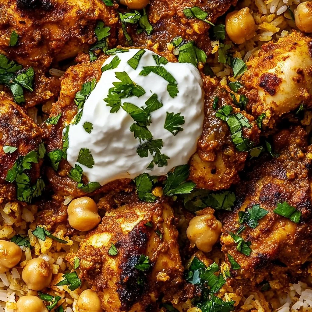 Delicious One Pot Shawarma Chicken and Rice served with fresh herbs