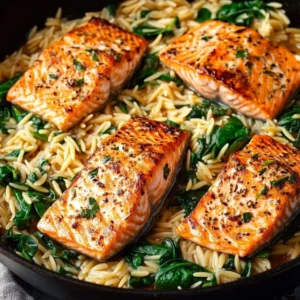 Delicious one skillet salmon with lemon orzo garnished with fresh herbs