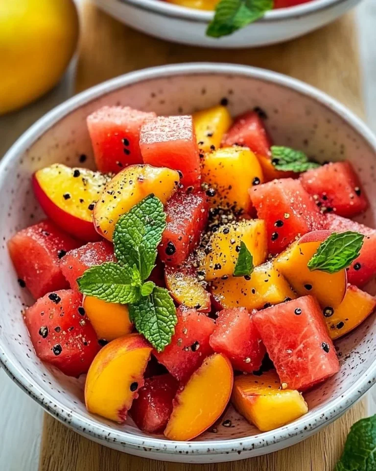 Peach and watermelon summer salad with vibrant fruits and greens.