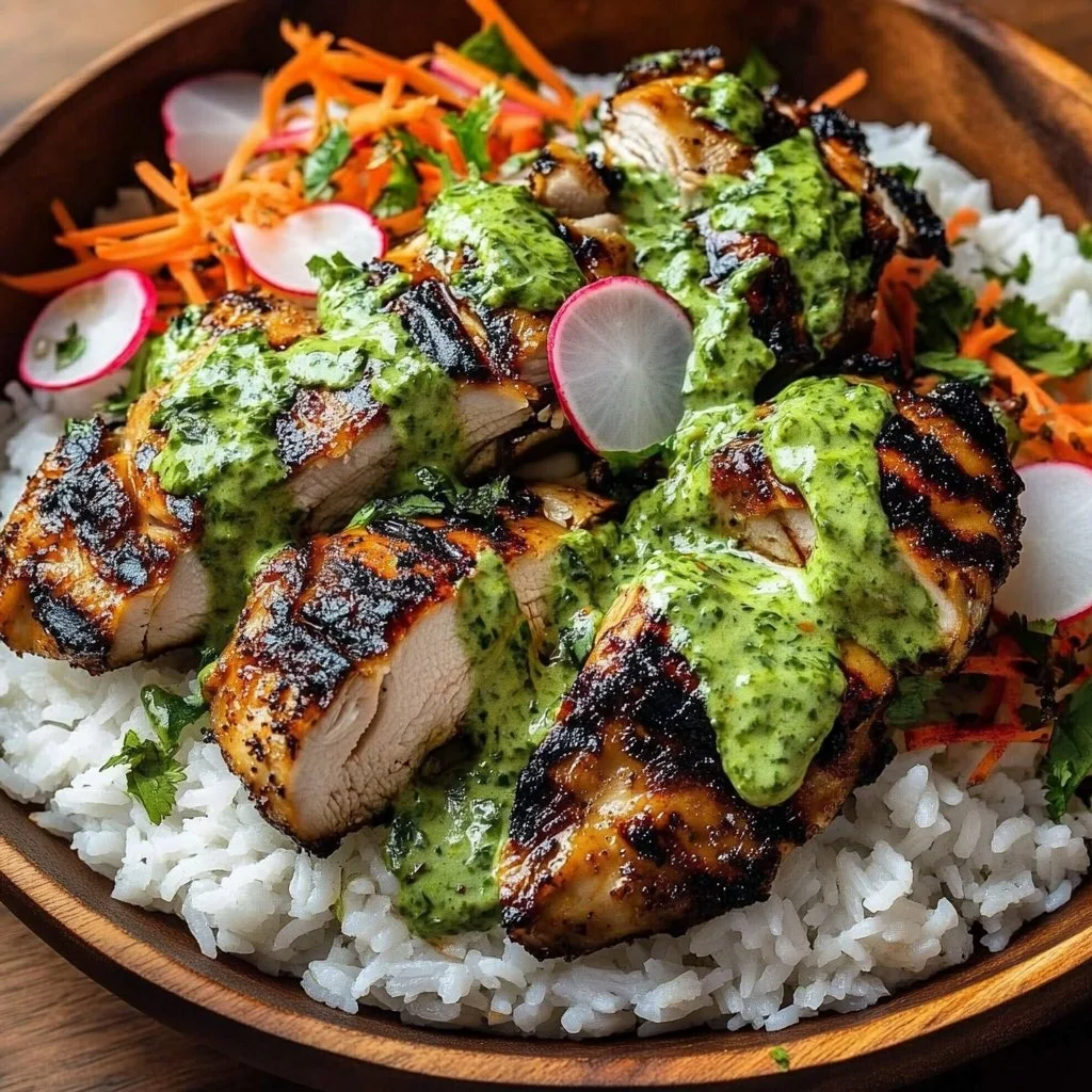 Delicious Peruvian chicken and rice with green sauce served on a plate