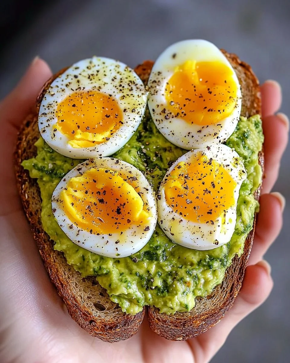 Pesto avocado toast topped with eggs for a delicious breakfast.