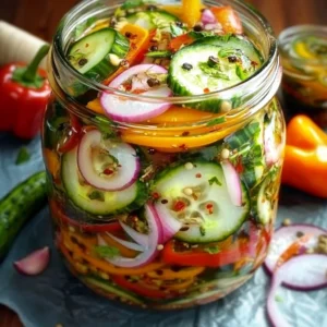 Colorful pickled cucumber, onion, and bell pepper salad in a serving bowl.