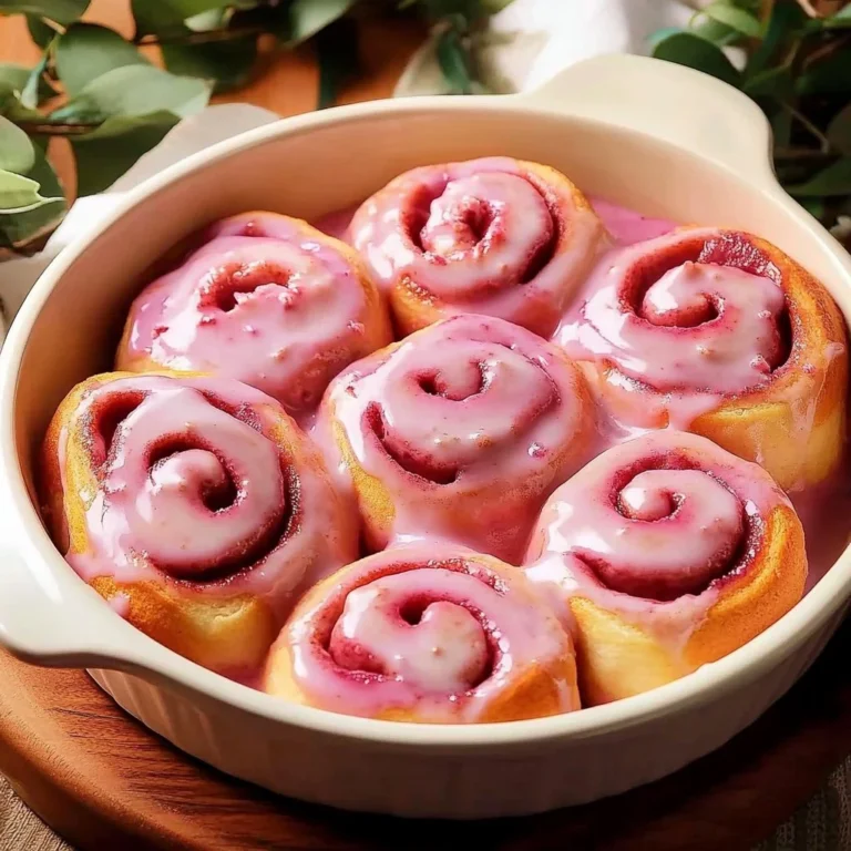 Freshly baked pink cinnamon rolls with icing on a white plate