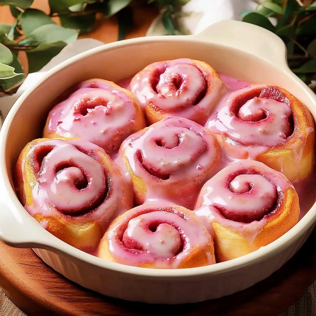 Freshly baked pink cinnamon rolls with icing on a white plate