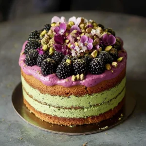 Slice of Pistachio Blackberry Cake drizzled with olive oil and garnished with berries.
