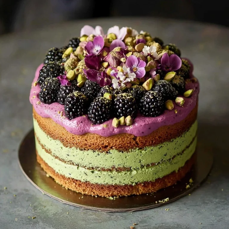 Slice of Pistachio Blackberry Cake drizzled with olive oil and garnished with berries.