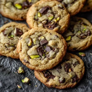 Delicious pistachio cream chocolate chip cookies on a rustic wooden table