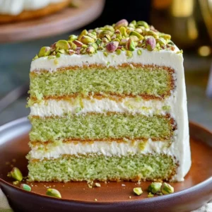 Pistachio Mascarpone Layer Cake elegantly layered with creamy mascarpone frosting.