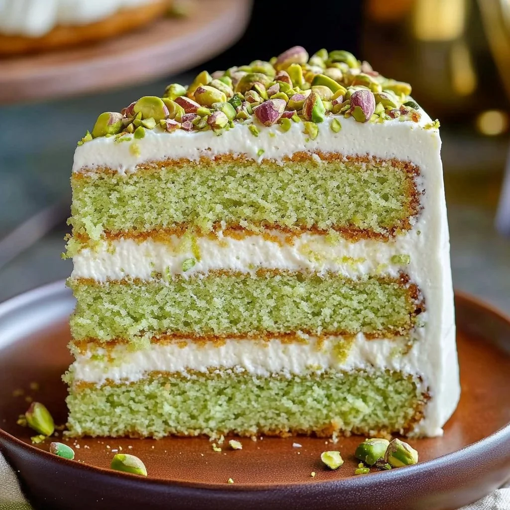 Pistachio Mascarpone Layer Cake elegantly layered with creamy mascarpone frosting.