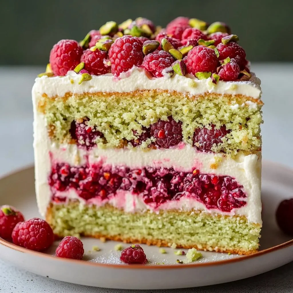 Slice of Pistachio Raspberry Cake showcasing its nutty and tart layers