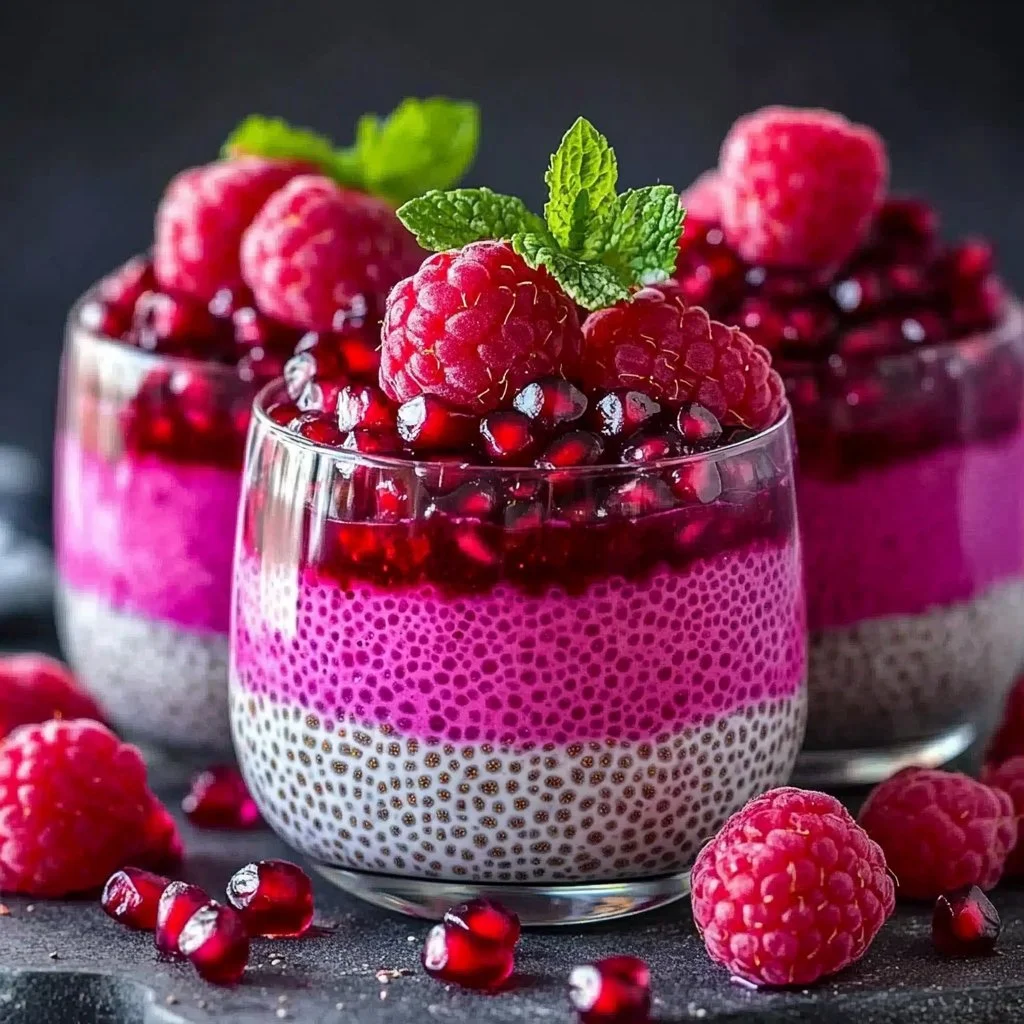 Pomegranate raspberry chia dessert topped with fresh fruits and mint leaves
