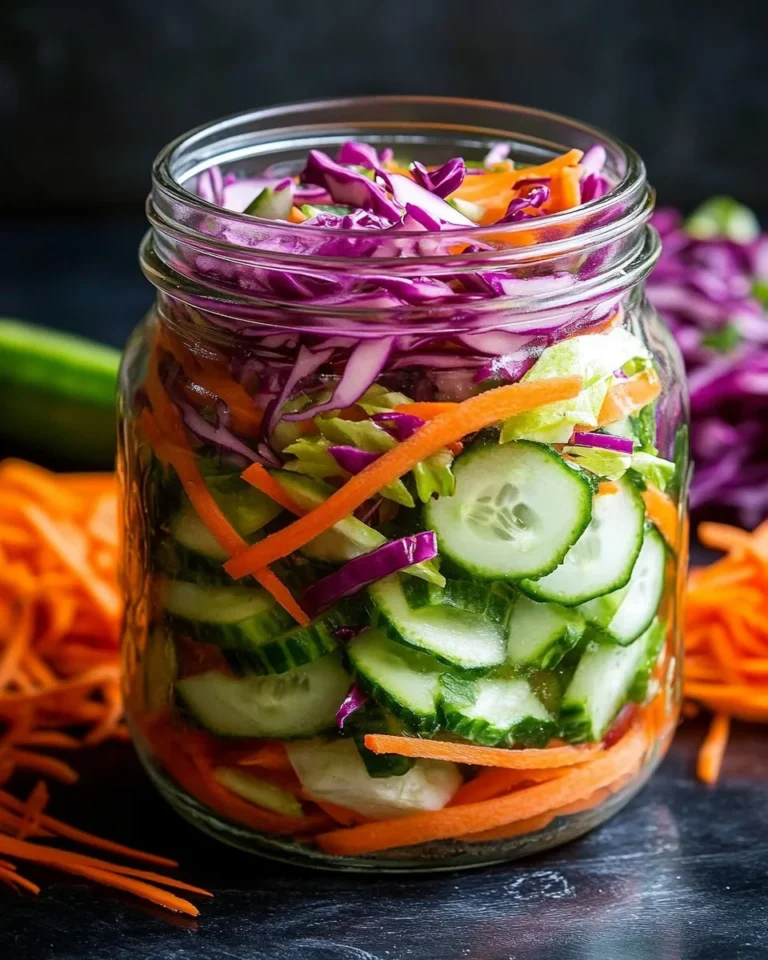 Quick fridge pickled vegetables in colorful jars with spices