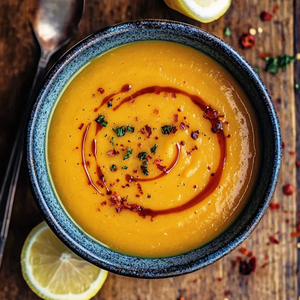 Bowl of red lentil Turkish soup garnished with herbs and spices