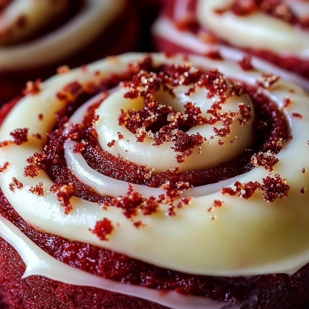 Red Velvet Cinnamon Rolls topped with cream cheese icing on a plate