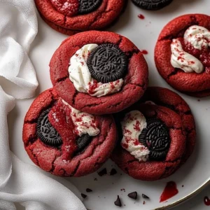 Freshly baked Red Velvet Cookies and Cream Cookies on a rustic wooden table.