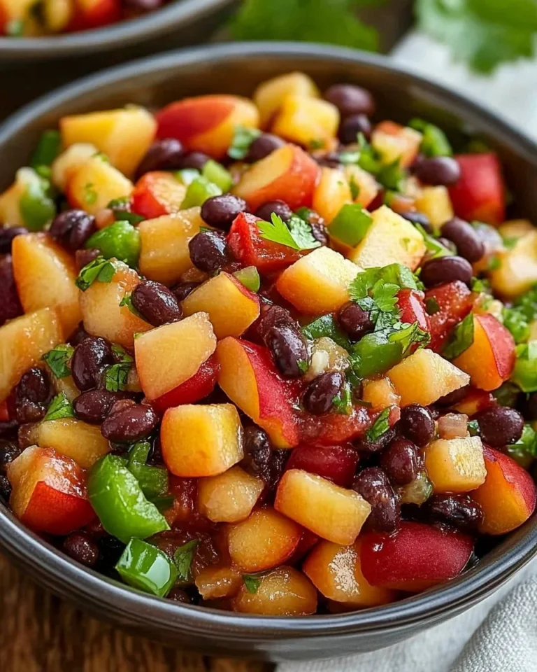 Fresh Peach Cherry Salsa in a bowl with colorful ingredients