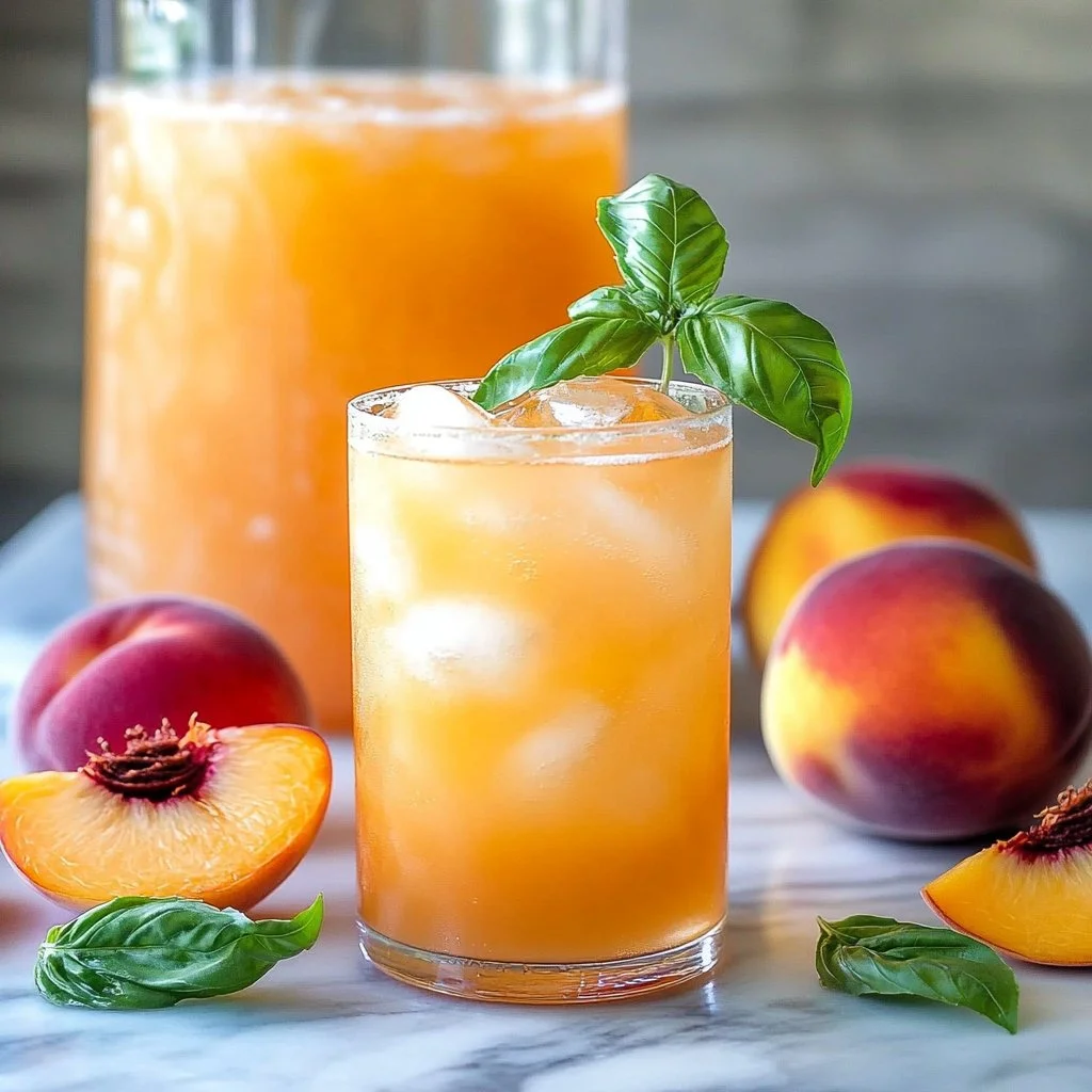 Glass of refreshing peach lemonade with fresh peach slices and lemon