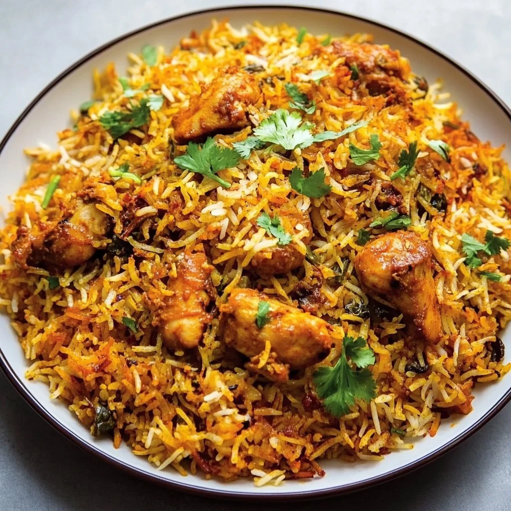 Delicious plate of rich Butter Chicken Biryani with aromatic spices