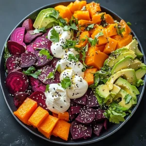 Roasted beet salad with sweet potato, avocado, whipped ricotta, and lemon-tahini drizzle.
