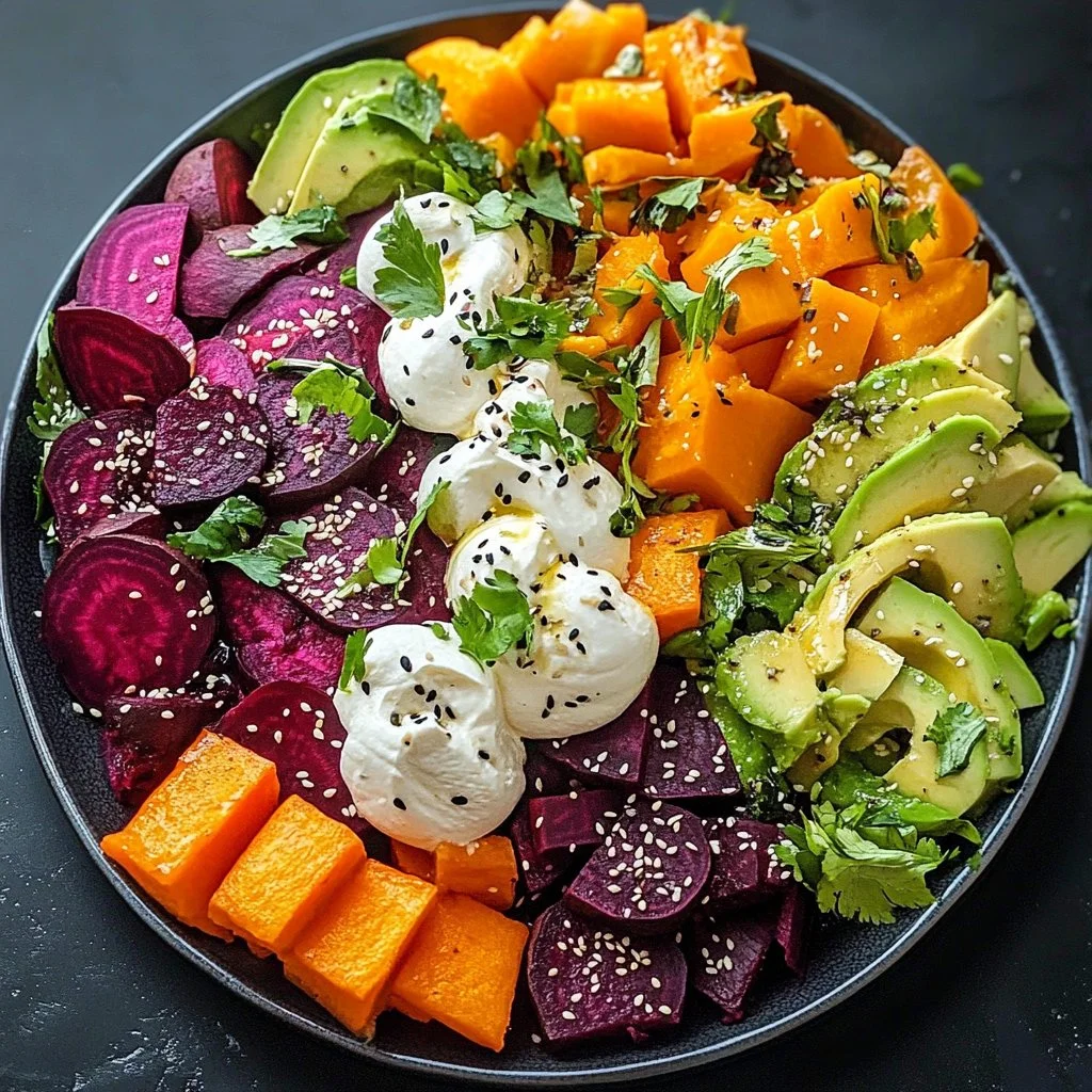 Roasted beet salad with sweet potato, avocado, whipped ricotta, and lemon-tahini drizzle.