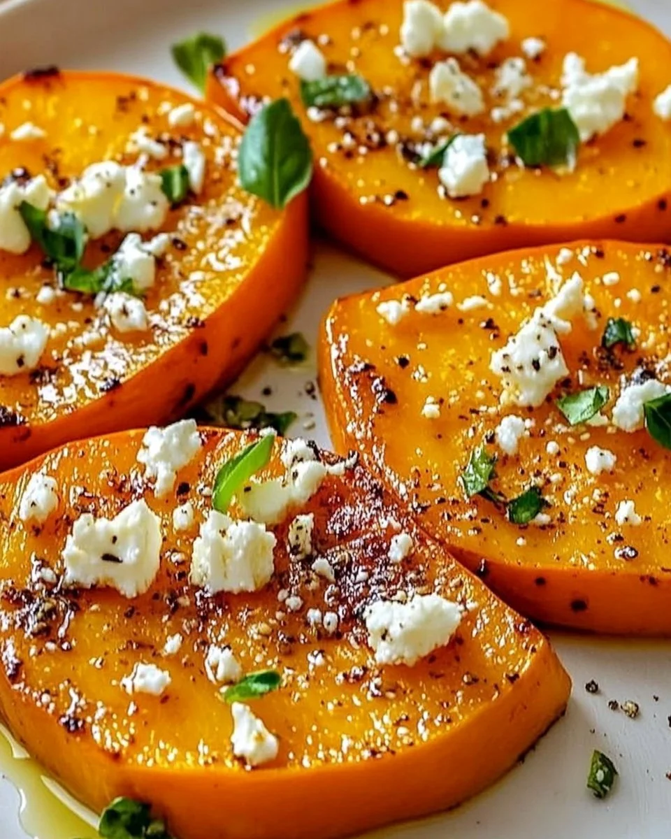 Roasted sweet potato rounds drizzled with honey and sprinkled with feta cheese
