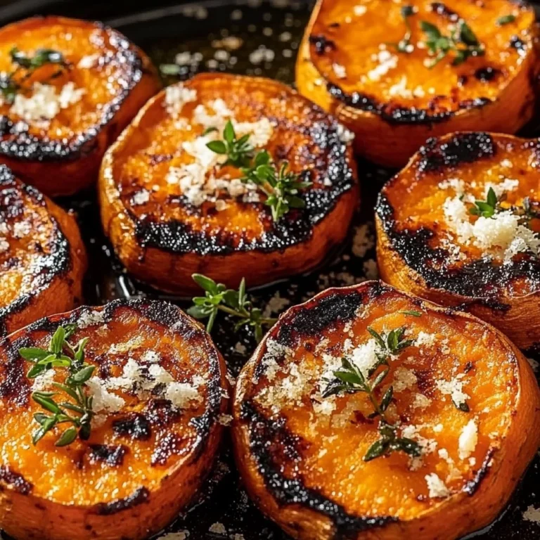 Plate of golden roasted sweet potatoes garnished with herbs