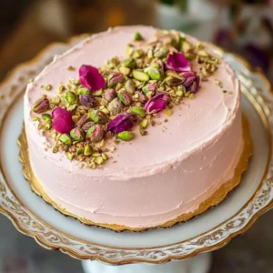 Elegant Rose Tiramisu dessert topped with rose petals and berries.