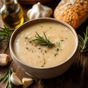 Bowl of rosemary roasted garlic bean soup with herbs and beans