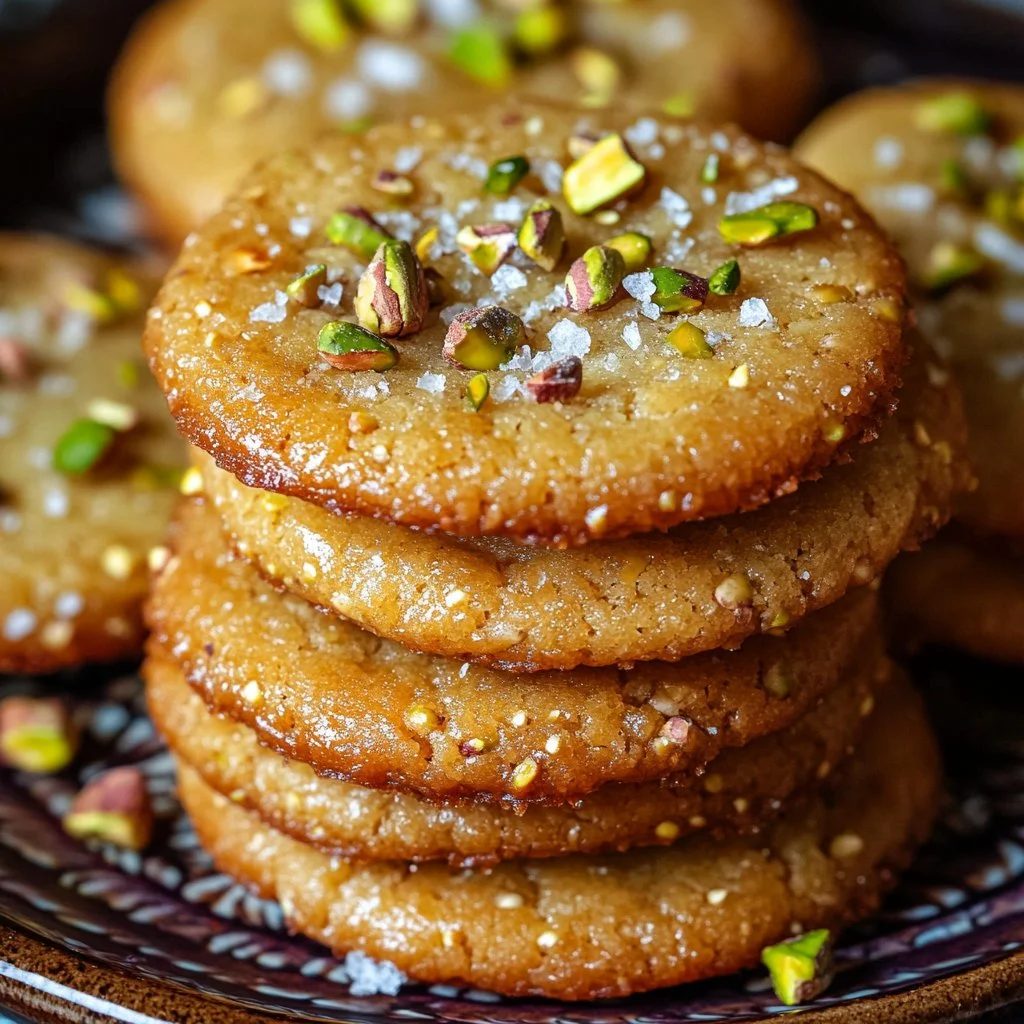 Delicious salted honey pistachio cookies in a rustic setting