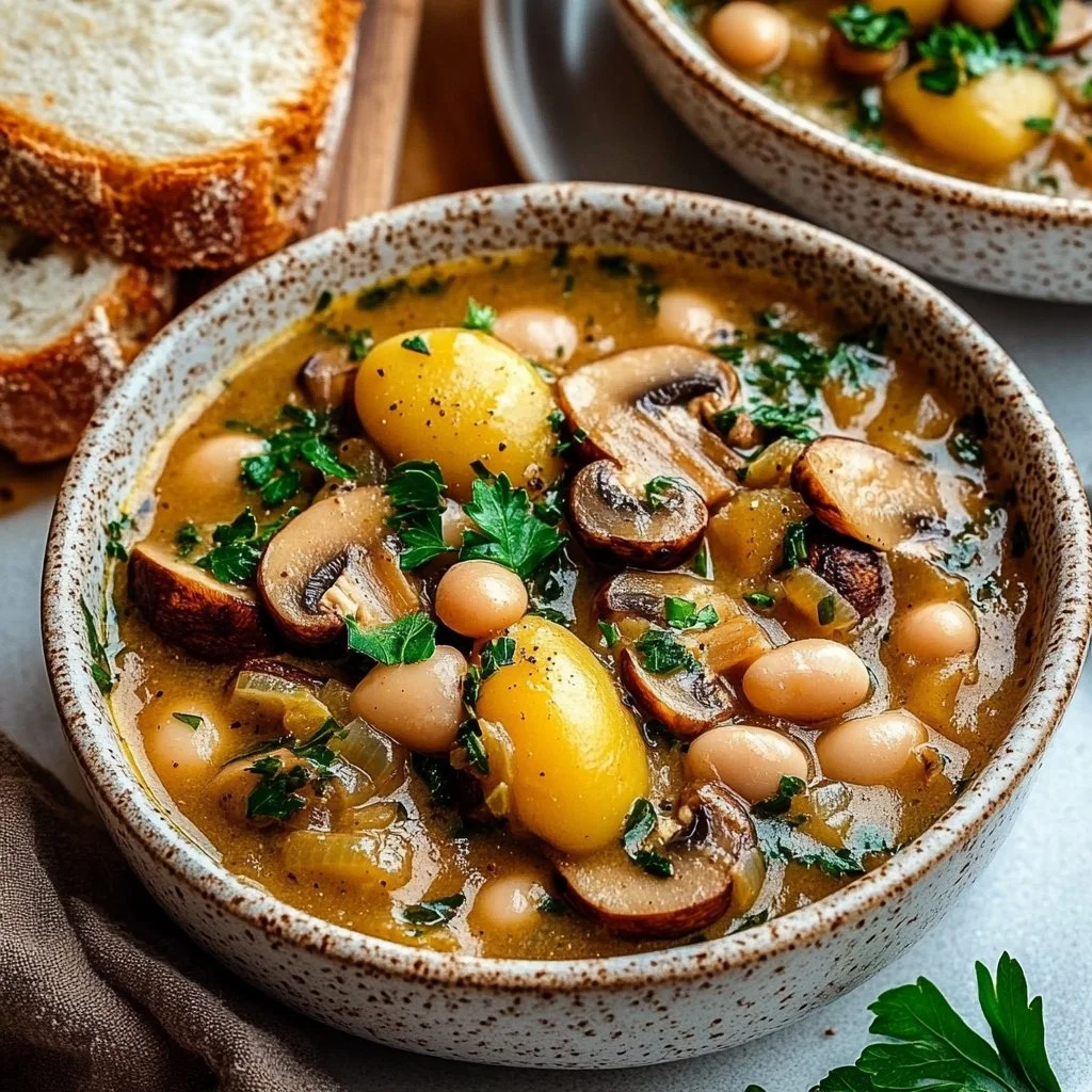 Satisfying vegan white bean mushroom stew in a bowl, garnished with herbs.