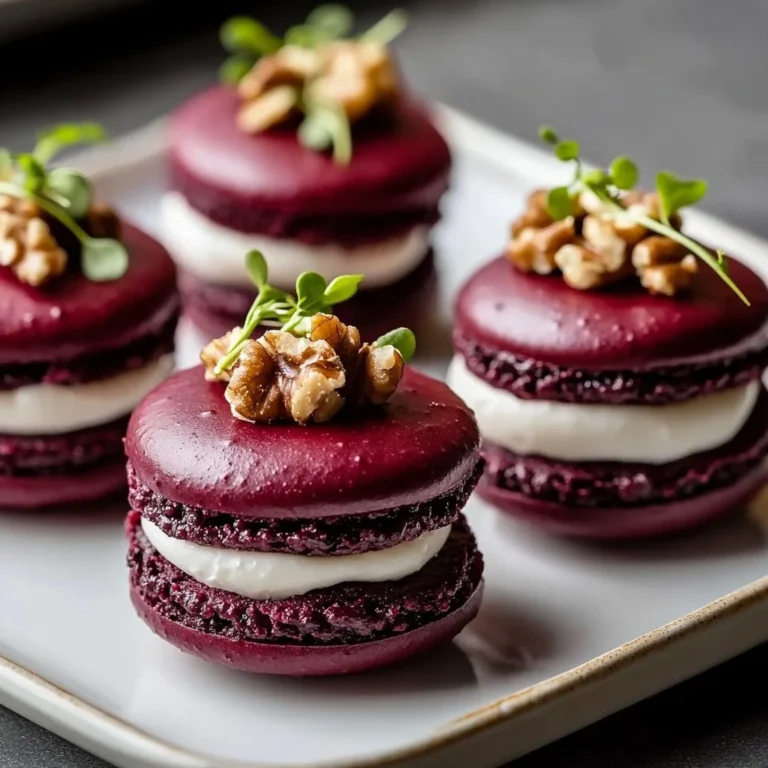 Savory beet macarons with goat cheese filling on a white plate