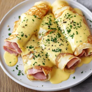 A plate of savory breakfast crepes with fresh vegetables and herbs