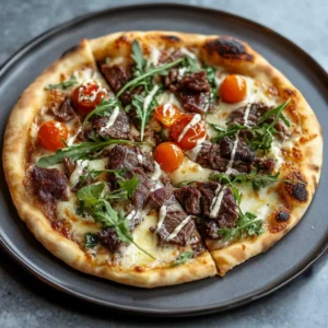Short rib pizza topped with smoked gouda cream sauce