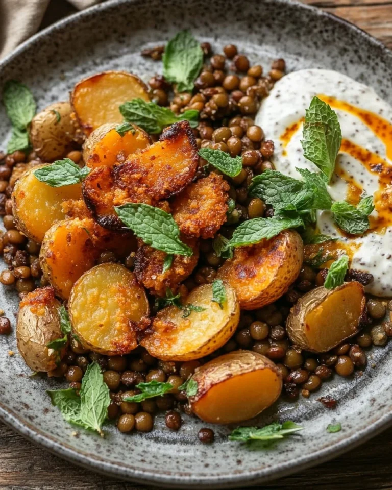 Spiced oven-roasted carrots served with a vibrant sweet and tangy lentil salad.