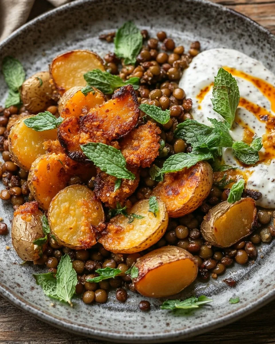 Spiced oven-roasted carrots served with a vibrant sweet and tangy lentil salad.