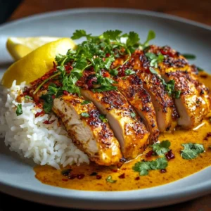 Delicious Spicy Brazilian Coconut Chicken served in a coconut bowl with herbs