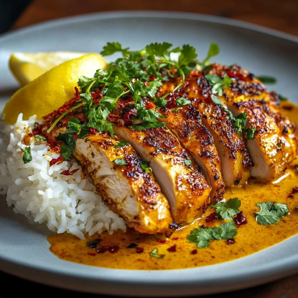 Delicious Spicy Brazilian Coconut Chicken served in a coconut bowl with herbs