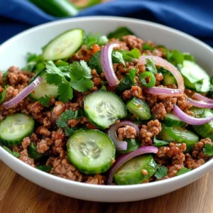 Delicious spicy Korean ground beef served with fresh cucumber salad