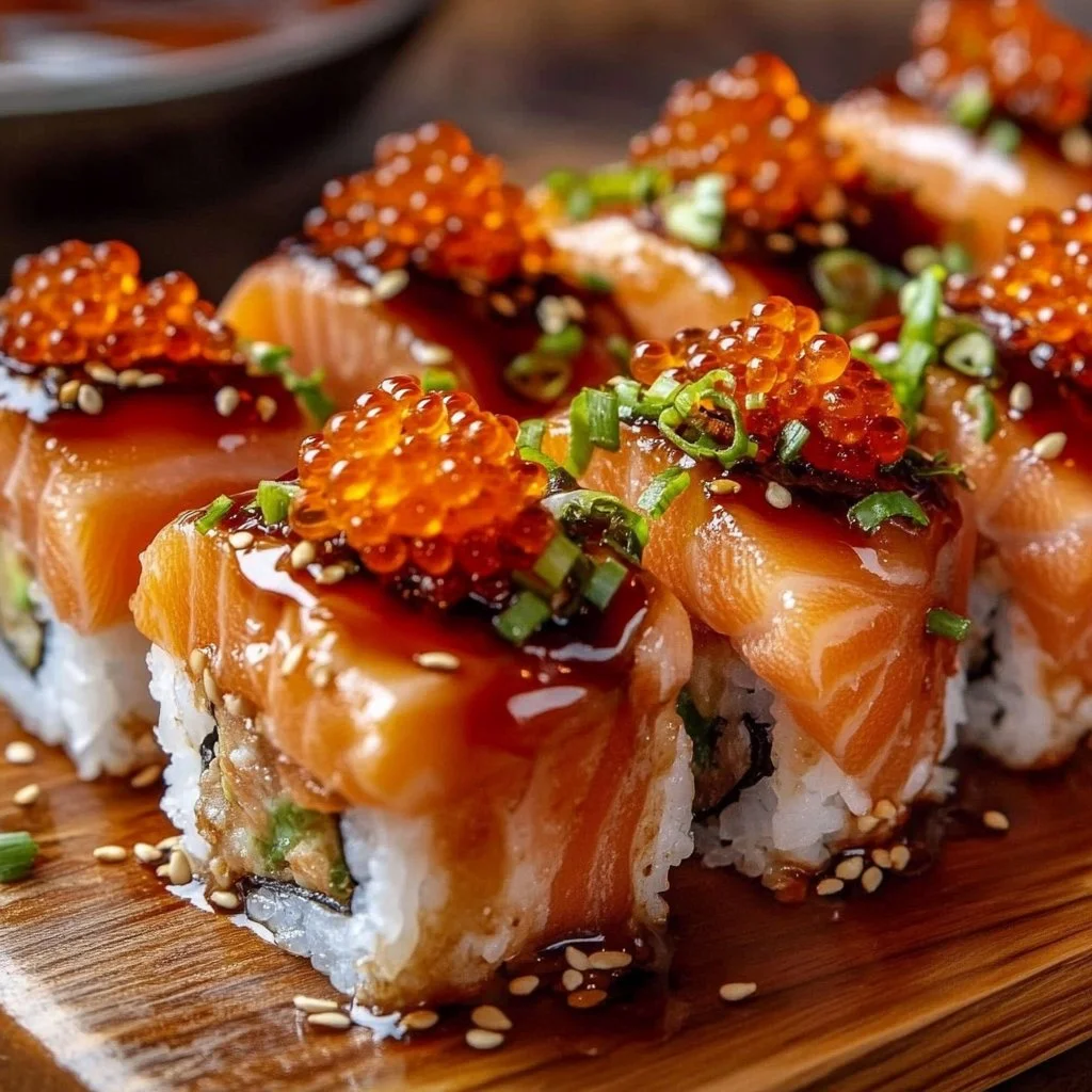 Delicious spicy salmon sushi bake ready to serve in a baking dish