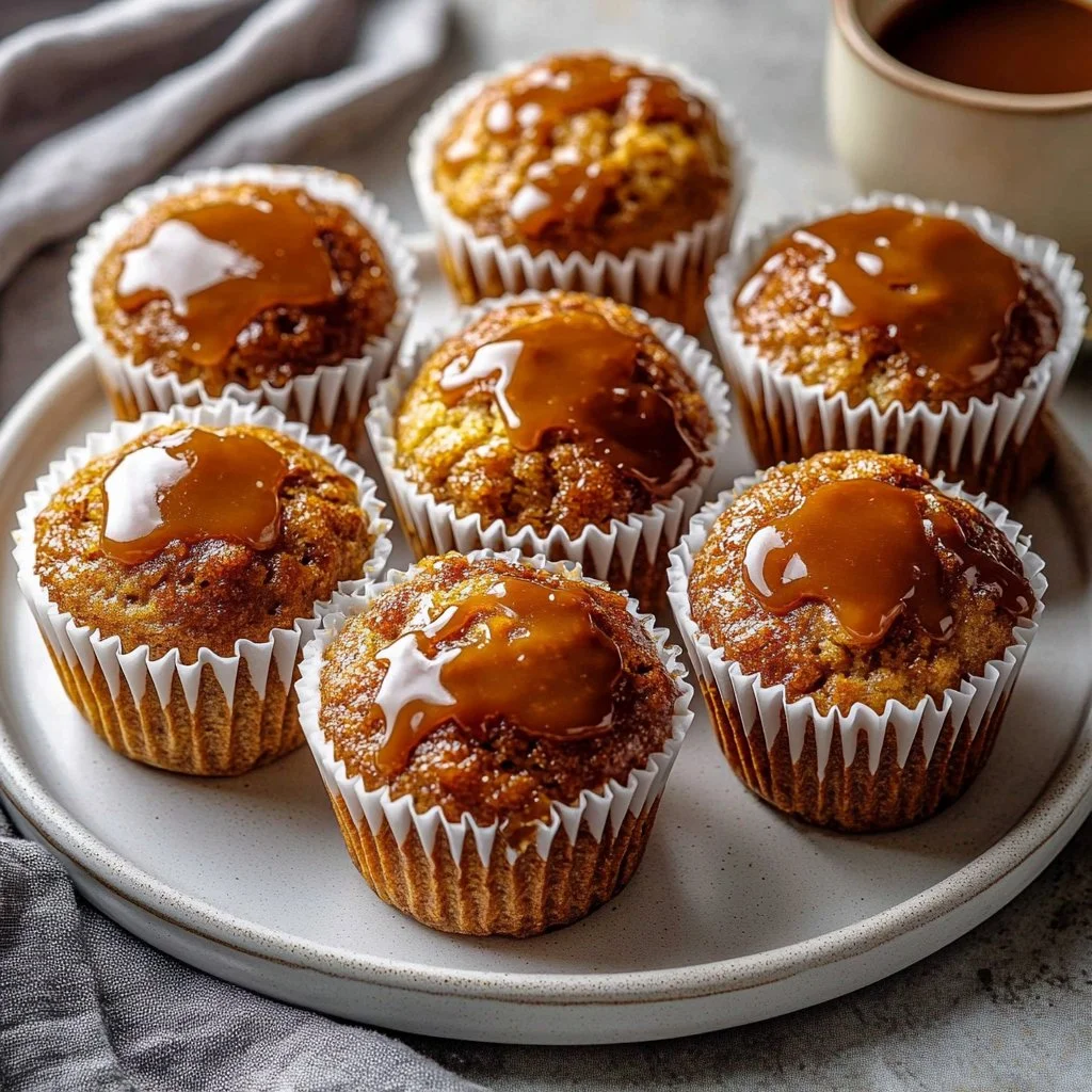 Delicious Sticky Toffee Pudding Muffins drizzled with caramel sauce