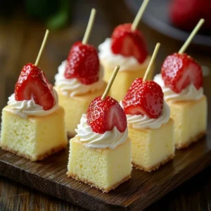 Strawberry shortcake kabobs with fresh strawberries and whipped cream