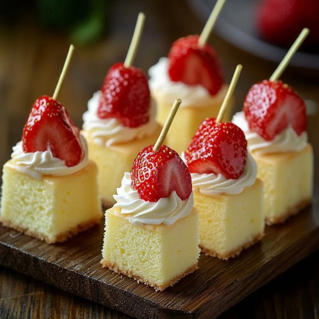 Strawberry shortcake kabobs with fresh strawberries and whipped cream