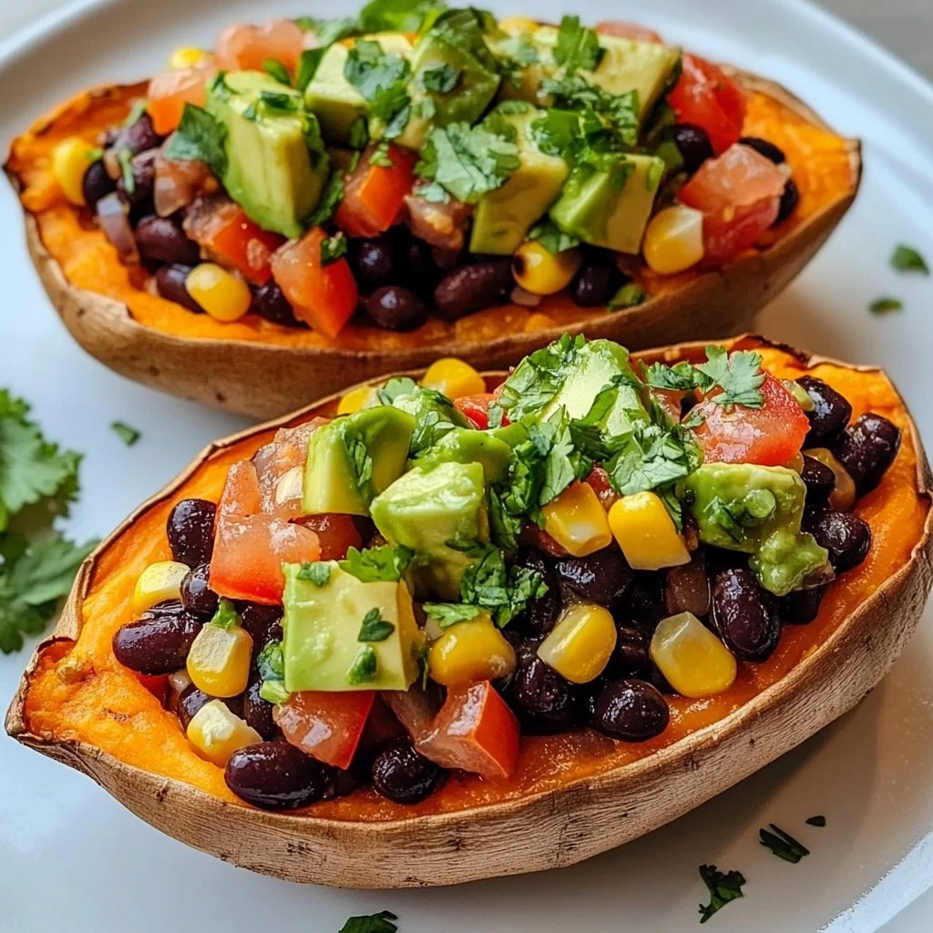 Stuffed sweet potato topped with avocado, black beans, and cilantro lime crema.
