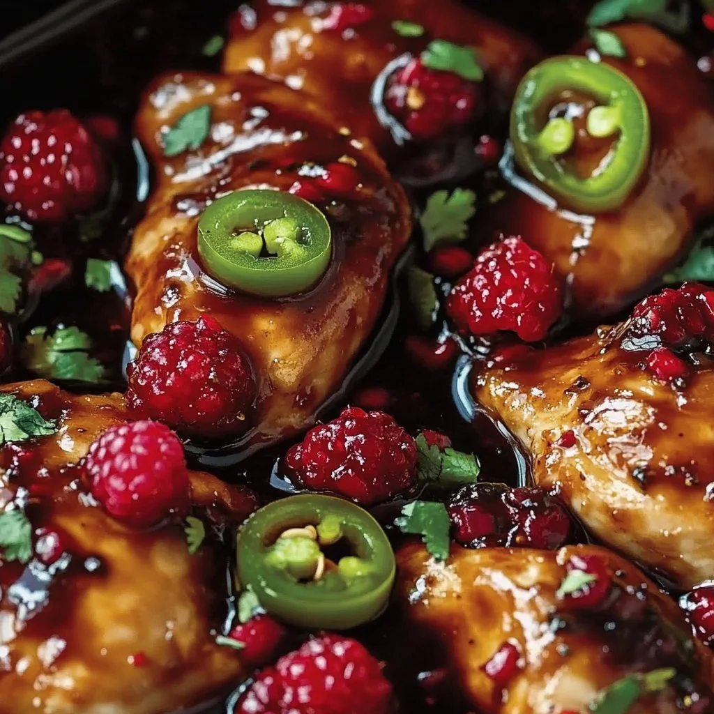 Plate of sweet and spicy jalapeno raspberry chicken ready to serve.