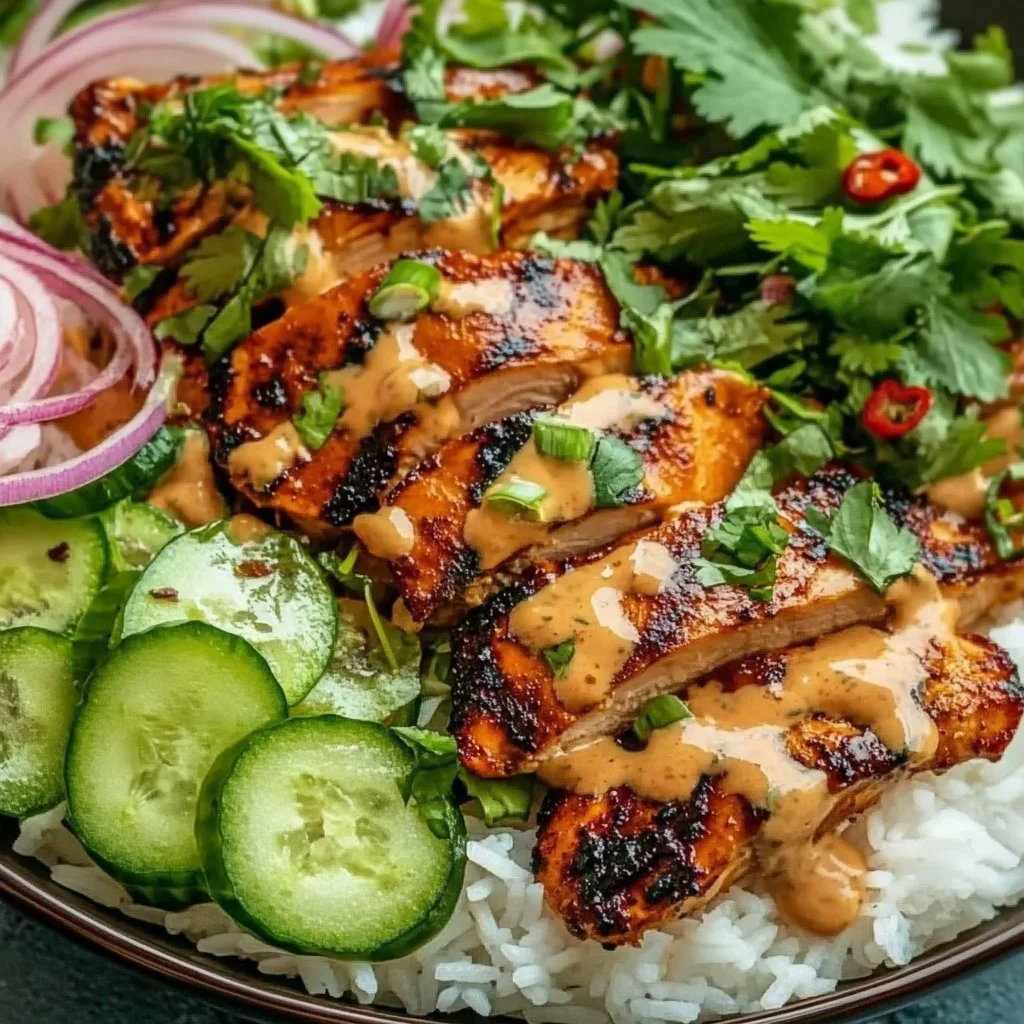 Sweet Chili Chicken Bowl with Coconut Lime Drizzle on a rustic plate