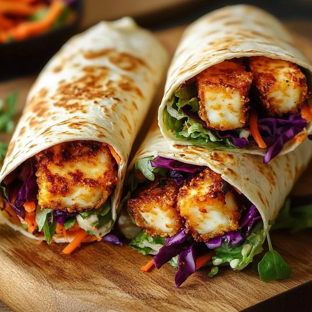 Delicious Sweet Chili Halloumi Wraps served on a plate with fresh vegetables