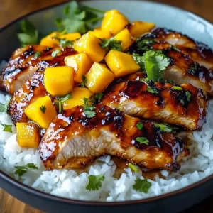 Asian mango glazed chicken dish with vibrant colors and garnished herbs