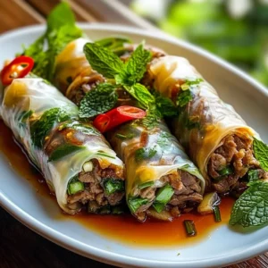 Thai Basil Beef Rolls with fresh herbs and savory beef filling.