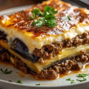Delicious homemade moussaka recipe with layers of eggplant and ground meat
