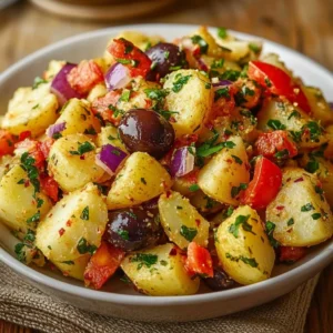 A colorful bowl of Turkish Potato Salad with herbs and spices.